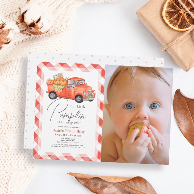 Red Pumpkin Lastbil Gingham Photo 1st Birthday Inbjudningar (Skapare uppladdad)