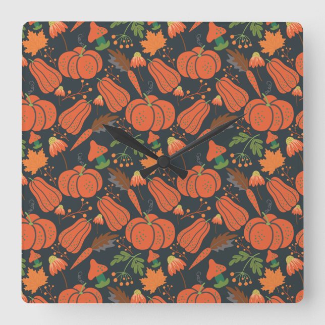 Red pumpkin seamless pattern and carrots fyrkantig klocka (Framsida)