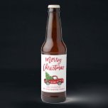 Red Push Script-jul, Vintage Lastbil Ölflaska Etikett<br><div class="desc">Penselskript Vattenfärgsfärgad Vintage Red Lastbil med Julgran - Beer Flaska-etikett</div>