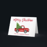 Red Push Script-skript Vintage Lastbil julfold Helgkort<br><div class="desc">Penselskript Vattenfärgsfärgad Vintage Red Lastbil med Julgran - God jul-mappat kort</div>