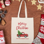 Red Push Script Vintage Red Lastbil jul Tygkasse<br><div class="desc">Modern God jul Watercolor Vintage Lastbil med Julgran Tote Bag</div>