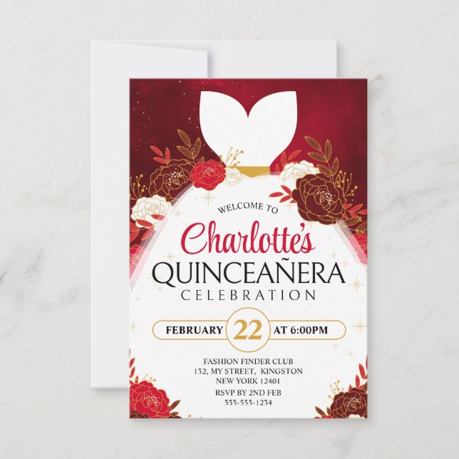 Red Quinceanera Blommigt White Princess Dress Inbjudningar (Framsida)