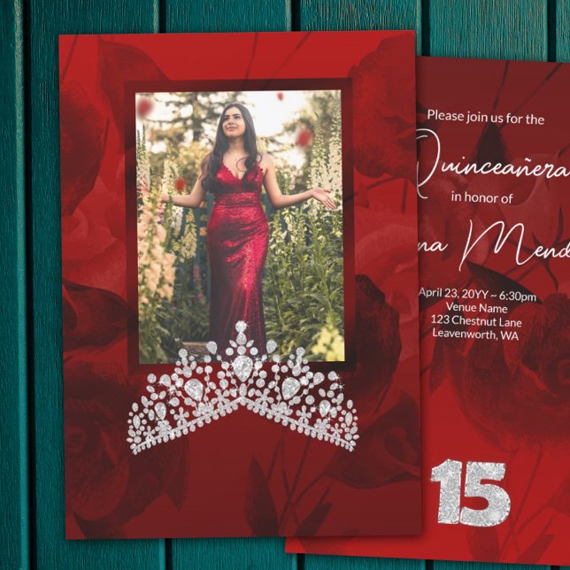 Red Quinceanera Diamond Gemstone Tiara-inbjudan Inbjudningar (Red roses and silver tiara quinceanera invitations for elegant red quinceanera)