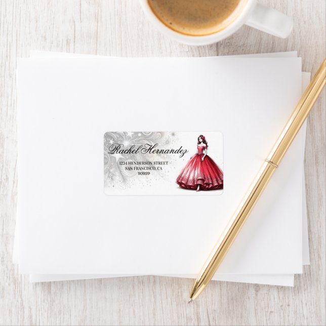 Red Quinceañera Girl Adressetikett (Insitu)