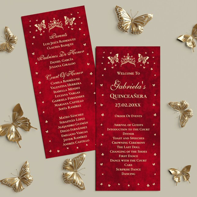 Red Quinceañera Guld Tiara Butterfly 15 år gammal Program (Red Quinceañera Gold Tiara Butterfly 15 Years Old Program)