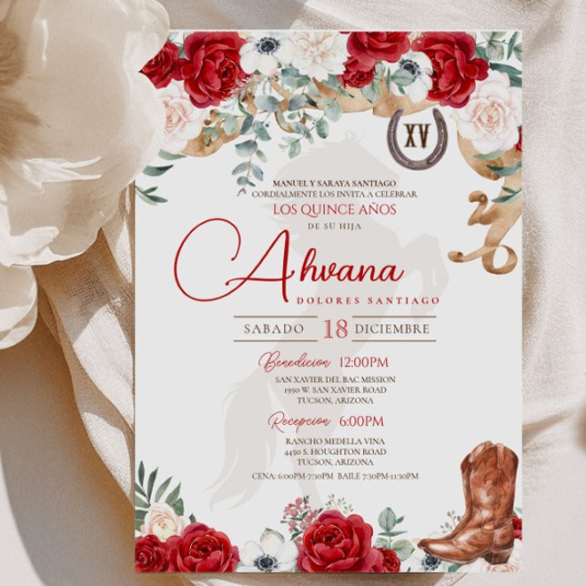 Red Quinceanera Ro Anemone Finare Charro/Cowgirl Inbjudningar (Skapare uppladdad)