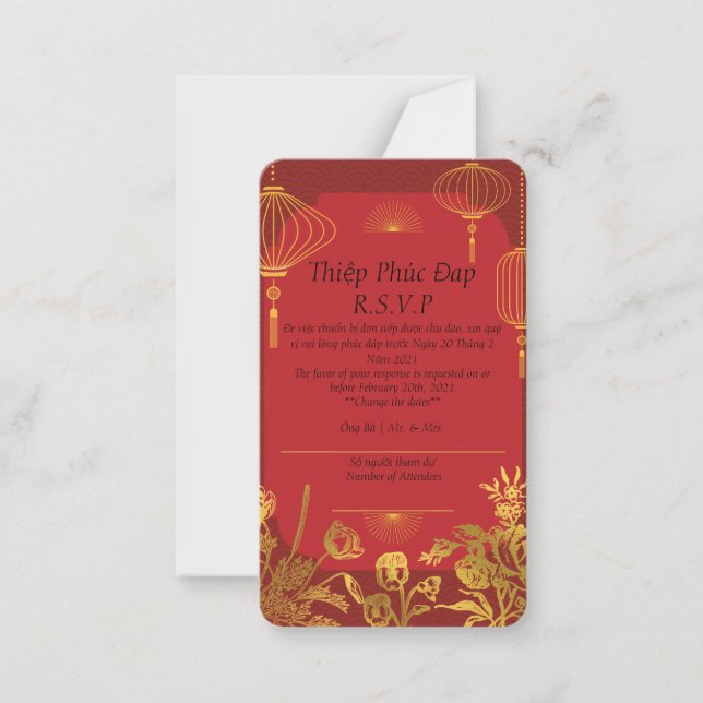 Red R.S.V.P-kort på engelska/vietnamesiska Anteckningskort (Framsida)