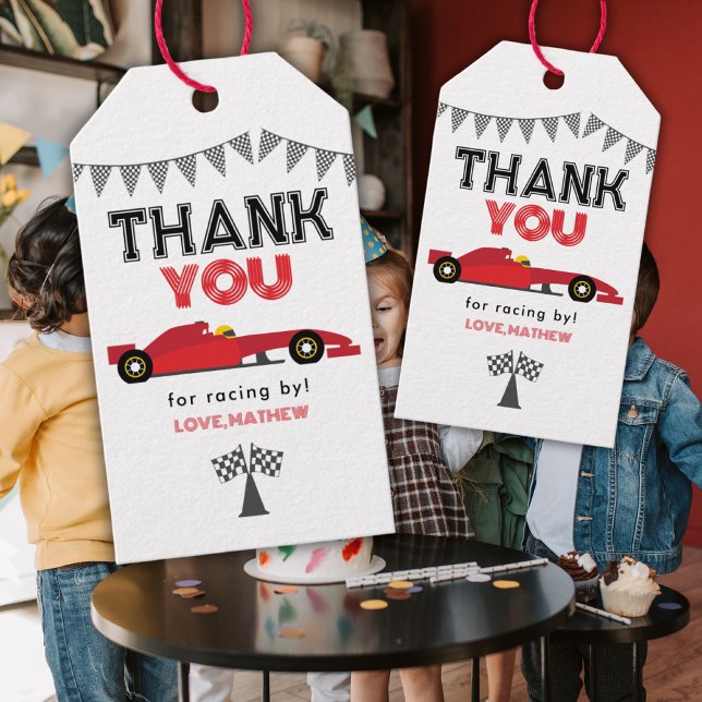 Red Race Car Birthday Any Birthday Party  Presentetikett (Skapare uppladdad)