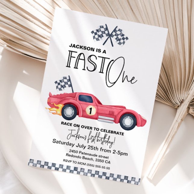 Red Race car FAST ONE Birthday invition Inbjudningar (Red Race Car invitation FAST ONE)
