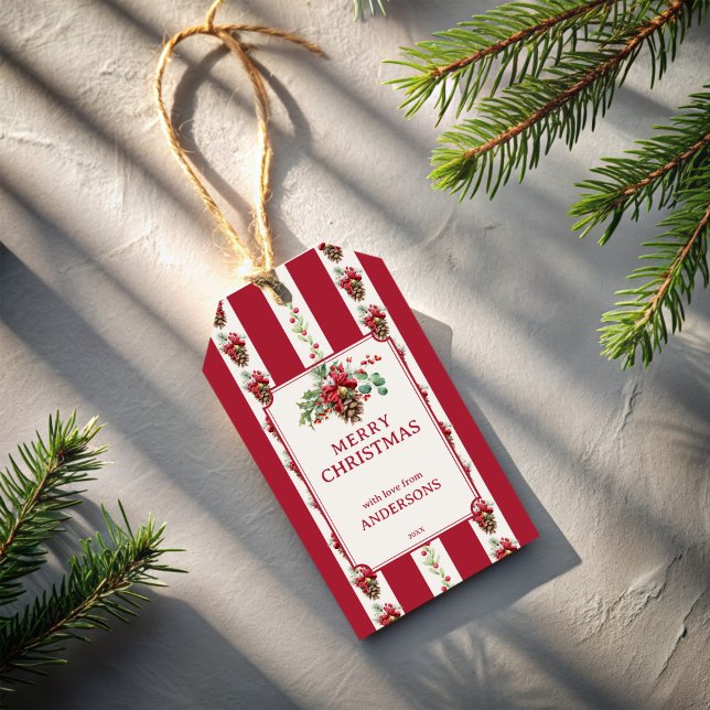 Red rand, personlig för barndaglig jul presentetikett (Red stripes grandmillenial Christmas personalized Gift Tags pinecones retro vintage stripped tags)