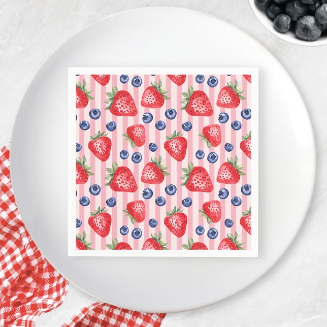 Red Rand Strawberry Blueberry Födelsedagsfest Pappersservett (Red Stripes Strawberry Blueberry Birthday Party Napkins)