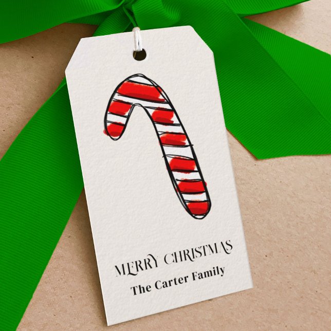 Red Rand Watercolor Candy cane Sketch Presentetikett (Red and white candy cane Christmas gift tags.)