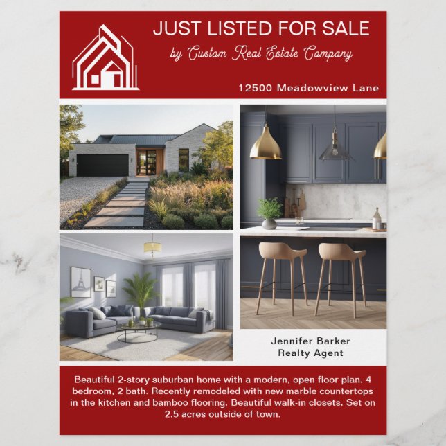 Red Real Estate Home Listing 2 Sided Modern Reklamblad (Framsidan)