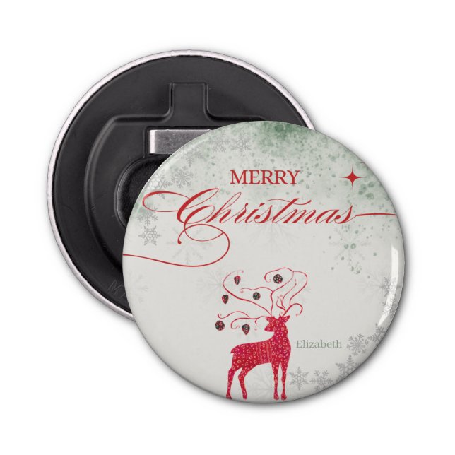 Red Reindeer Silver Snöflingor Grönt jul jul Flasköppnare (Framsidan)