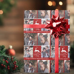 Red Reindeer Tis, säsongens Anpassningsbar Foto ju Presentpapper<br><div class="desc">En elegant vit hjort går över julen ord Tis säsongen för att vara Jolly på detta vackra röda helgdag-kompaket. Klassisk elegans med söt renar över fantastisk kalligrafi och din familjs fotokollage ovanför anpassningsbarna. Personligens fotokollage julomslutning papper.</div>