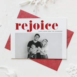 Red Rejoice Bold Typography Modern Photo Jul Julkort