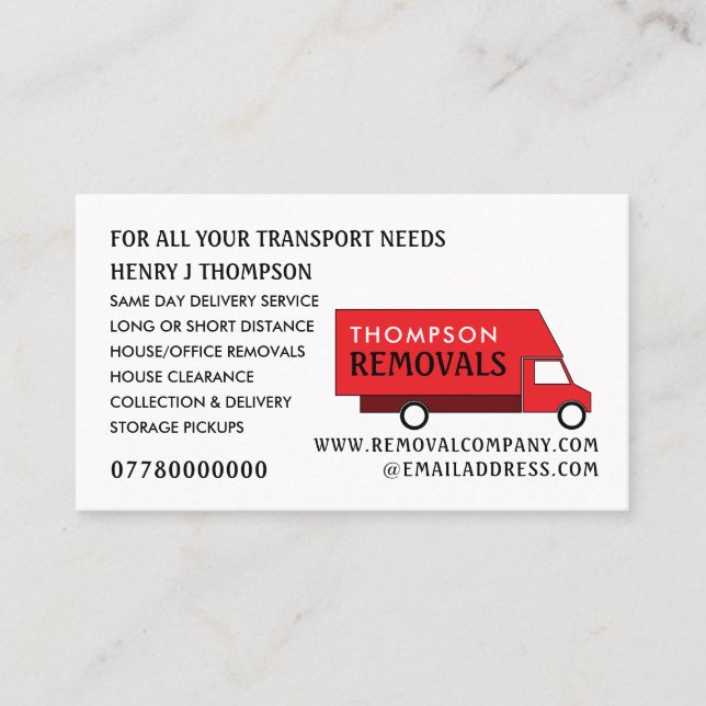 Red Removal Van, Removal Company Visitkort (Framsida)