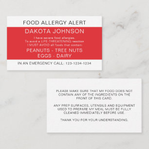 Red Restaurang Food Allergy Alert Card