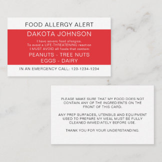 Red Restaurang Food Allergy Alert Card