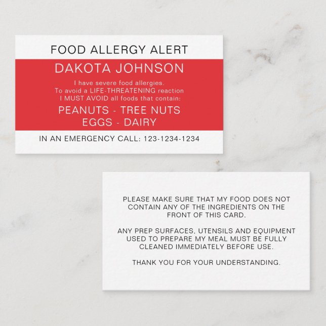 Red Restaurang Food Allergy Alert Card (Fram/baksida)