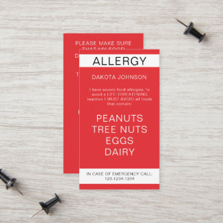 Red Restaurang Food Allergy Alert Card