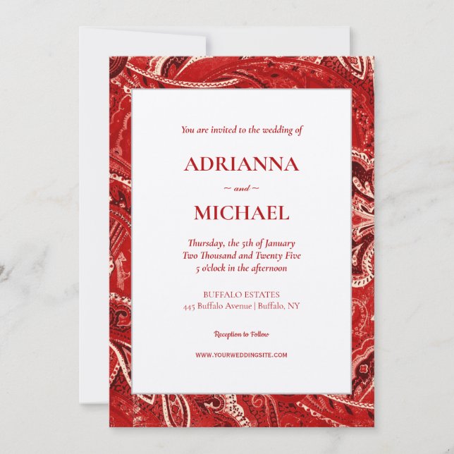 Red Retro Bandanna Paisley Wedding bjudande Inbjudningar (Framsida)
