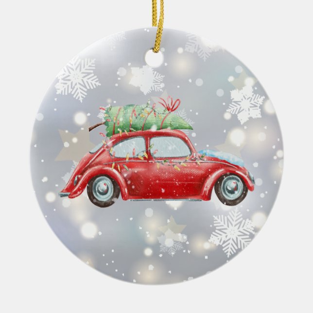 Red Retro Beetle med Julgran, Ljus, Julgransprydnad Keramik (Framsidan)