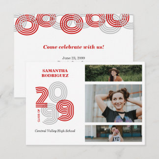 Red Retro Big Numbers 3-Photo Studenten Inbjudningar