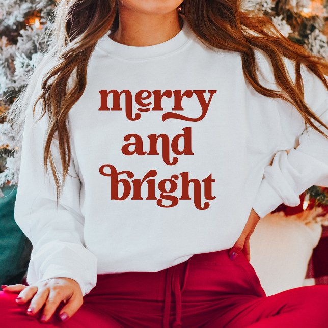 Red Retro Boho Typography | Merry och Bright T Shirt (A stylish Christmas shirt with retro and boho red typography)
