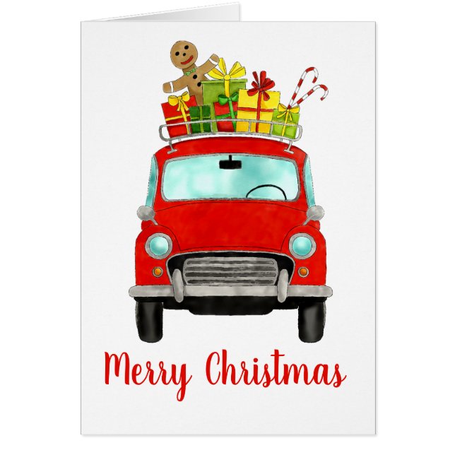 Red Retro Car med julklappar Hälsningskort (Framsidan)