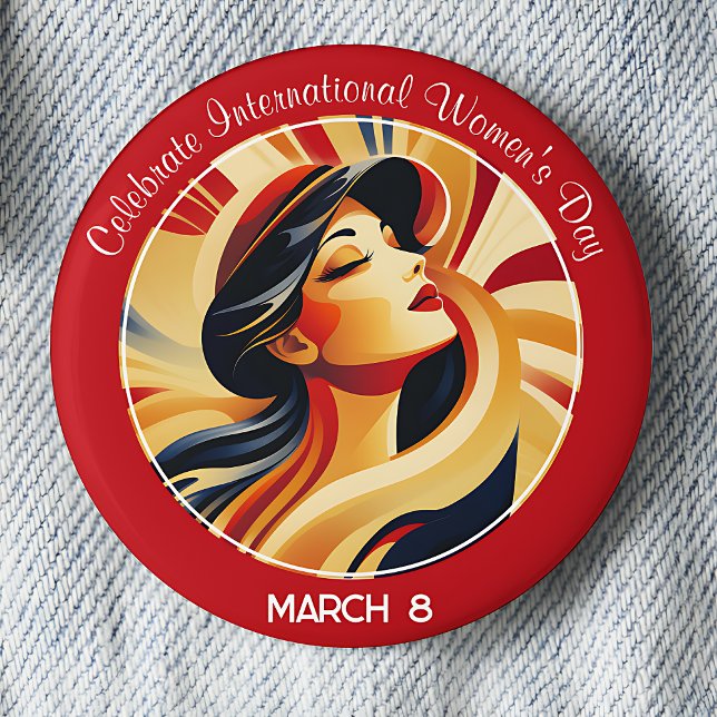 Red Retro Celebrate Internationell Kvinnodagen Knapp (Red Retro Celebrate International Women's Day March 8 pinback button.)