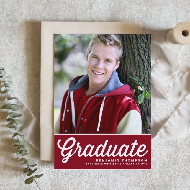 Red Retro Fold Typography Photo Studenten Inbjudningar (Customizable retro-inspired Burgundy Photo Graduation Invitation)
