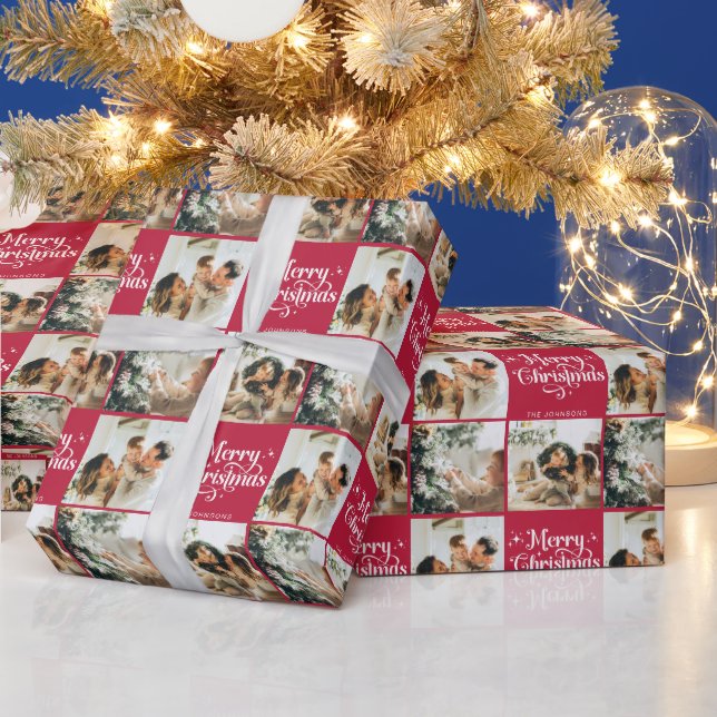 Red Retro God jul Family 3 Photo Collage Presentpapper (Helgdagar)