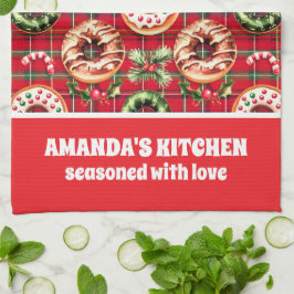 Red Retro jul Donuts Red Tartan Play Kökshandduk