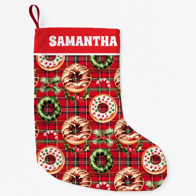 Red Retro jul Donuts Red Tartan Play Liten Julstrumpa (Framsidan)