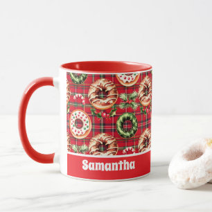 Red Retro jul Donuts Red Tartan Play Mugg
