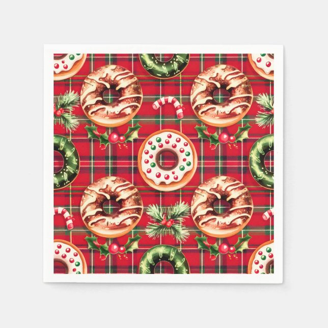 Red Retro jul Donuts Red Tartan Play Pappersservett (Framsidan)