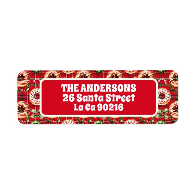 Red Retro jul Donuts Red Tartan Play Returadress Etikett (Framsidan)