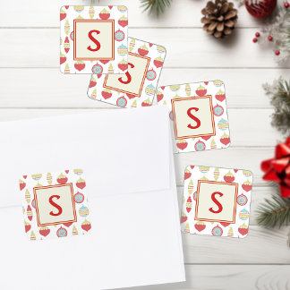 Red Retro jul Ornament Monogram Fyrkantigt Klistermärke