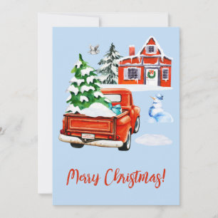 Red Retro Lastbil med Julgran House Snögubbe Julkort