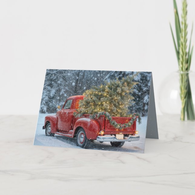 Red Retro Lastbil med Julgran i Snöflingor Kort (Framsida)
