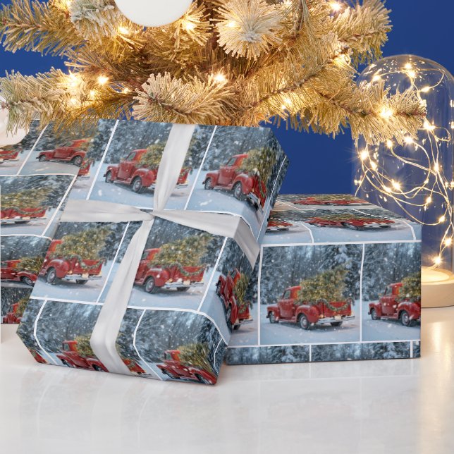 Red Retro Lastbil med Julgran i Snöflingor Presentpapper (Helgdagar)