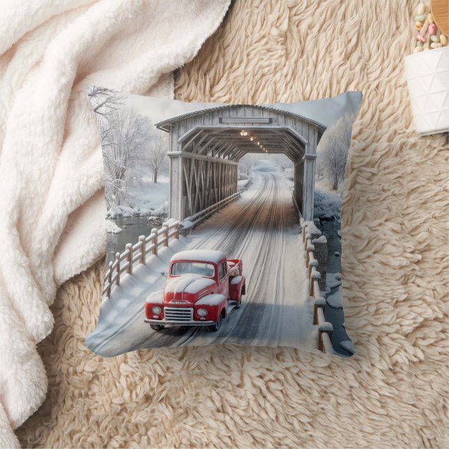 Red Retro Lastbil och Covered Bridge Kudde (Filt)