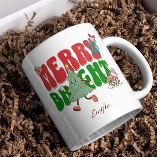Red Retro Merry Bright Namn Julgran Mugg