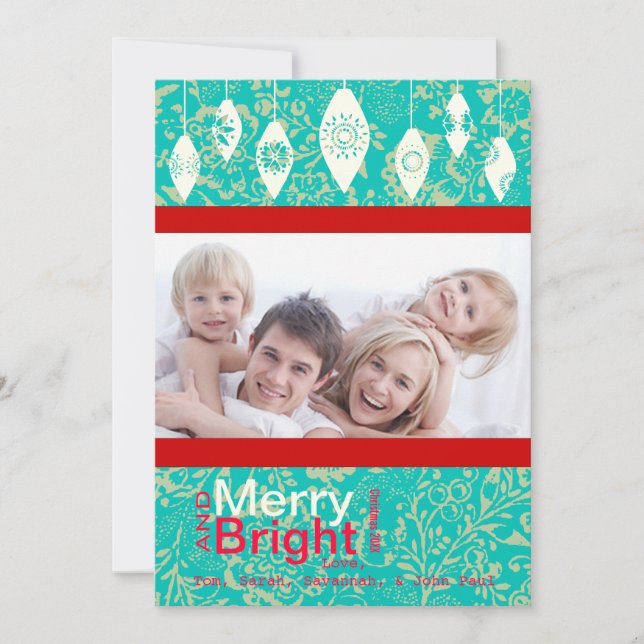Red Retro Merry och Bright Family Photo Card Julkort (Framsida)