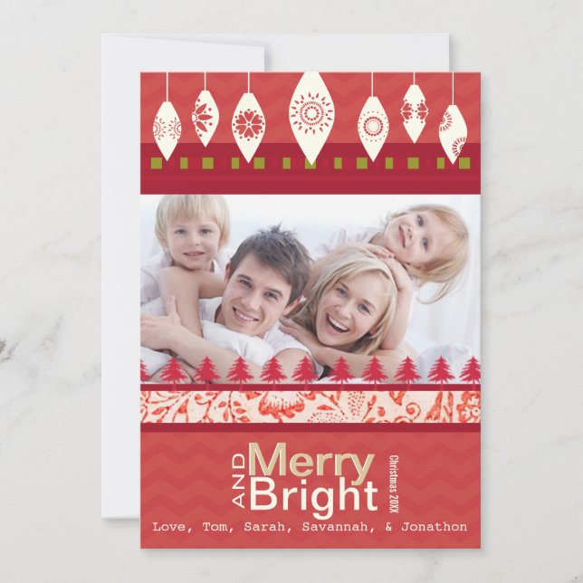 Red Retro Merry och Bright Family Photo Card Julkort (Framsida)
