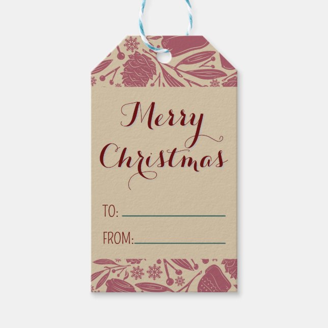 Red Retro Mysigt jul Mönster Presentetikett (Framsidan)