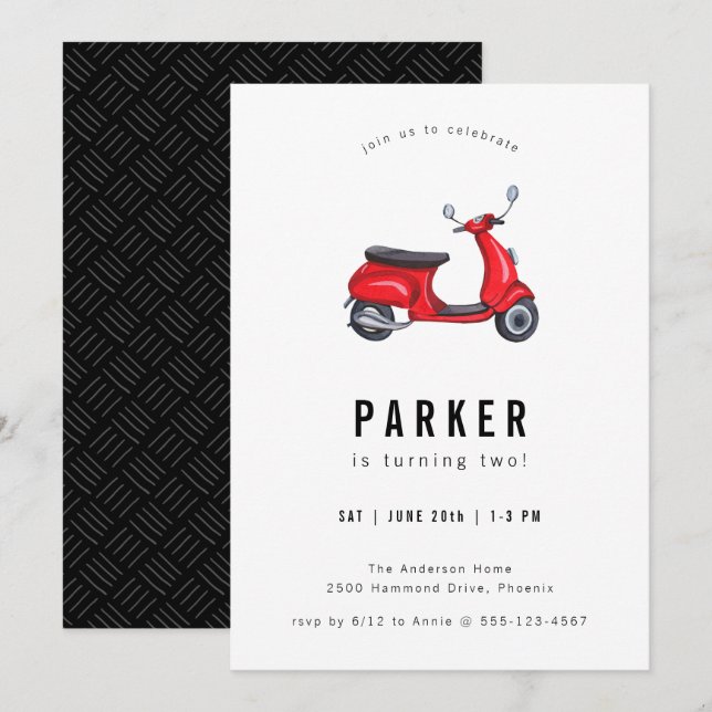 Red Retro Scooter Theme Birthday Inbjudningar (Fram/baksida)