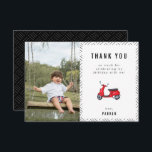 Red Retro Scooter Theme Birthday Photo Tack Kort<br><div class="desc">Röda reflexer med rött ljus,  födelsedagsfestens platta fototack.</div>