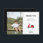 Red Retro Scooter Theme Birthday Photo Tack Kort<br><div class="desc">Röda reflexer med rött ljus,  födelsedagsfestens platta fototack.</div>